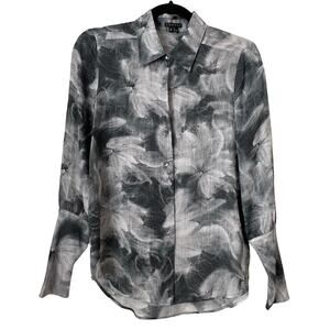 Theory Top Womens Small White Black 100% Silk Floral Quiet Luxury Artsy Preppy